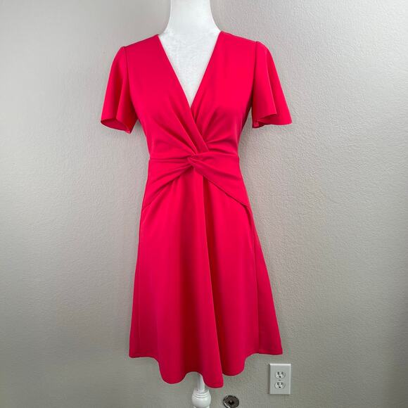 Maggy London Pink Twist Flutter Sleeve Surplice Fit & Flare Mini Dress 2 NWOT - Picture 12 of 13